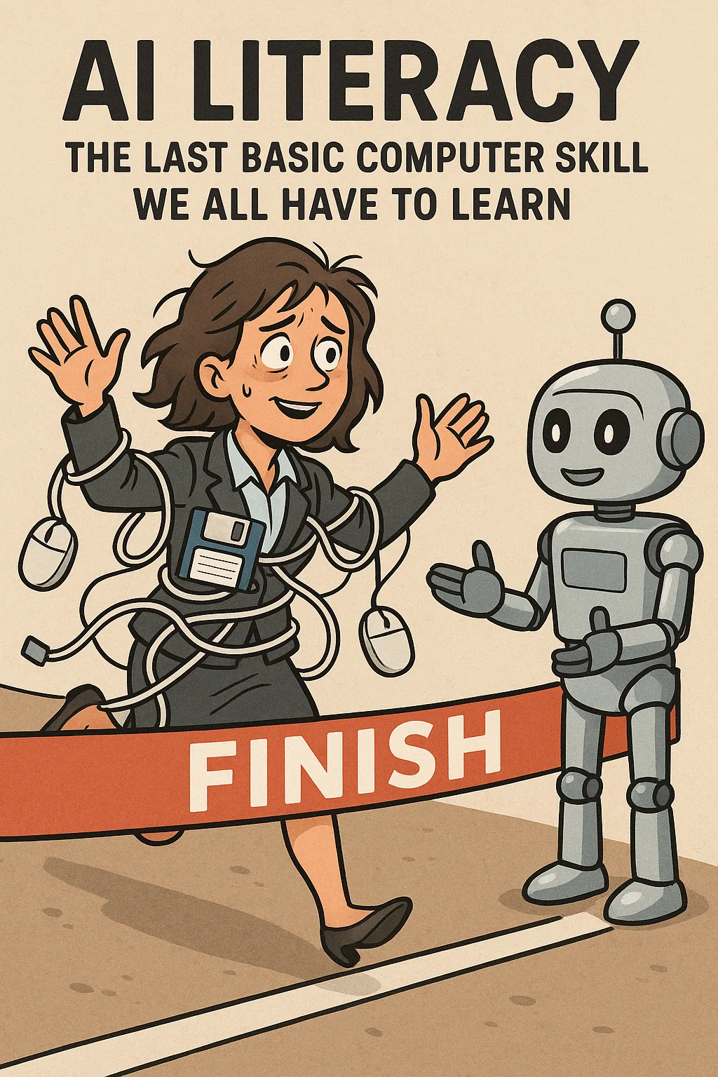 AI Literacy — the last basic computer skill we all have to learn, illustrated with a person crossing the finish line with a friendly robot