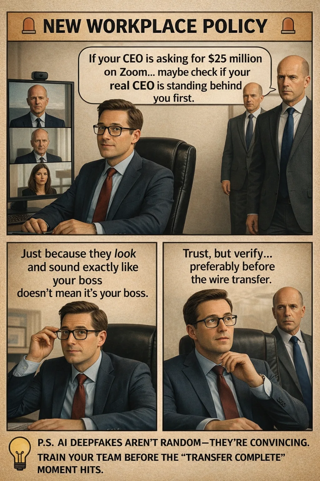New workplace policy: if your CEO asks for $25 million on Zoom... maybe check if your real CEO is standing behind you first. AI deepfakes aren't random — they're convincing.