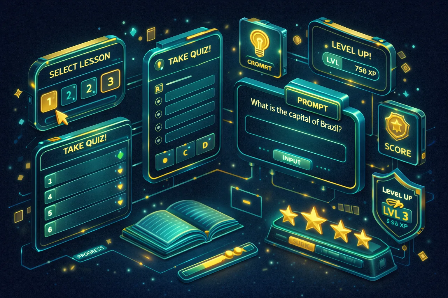 AI literacy game interface with lesson select, quiz panels, XP scoring, and level-up rewards